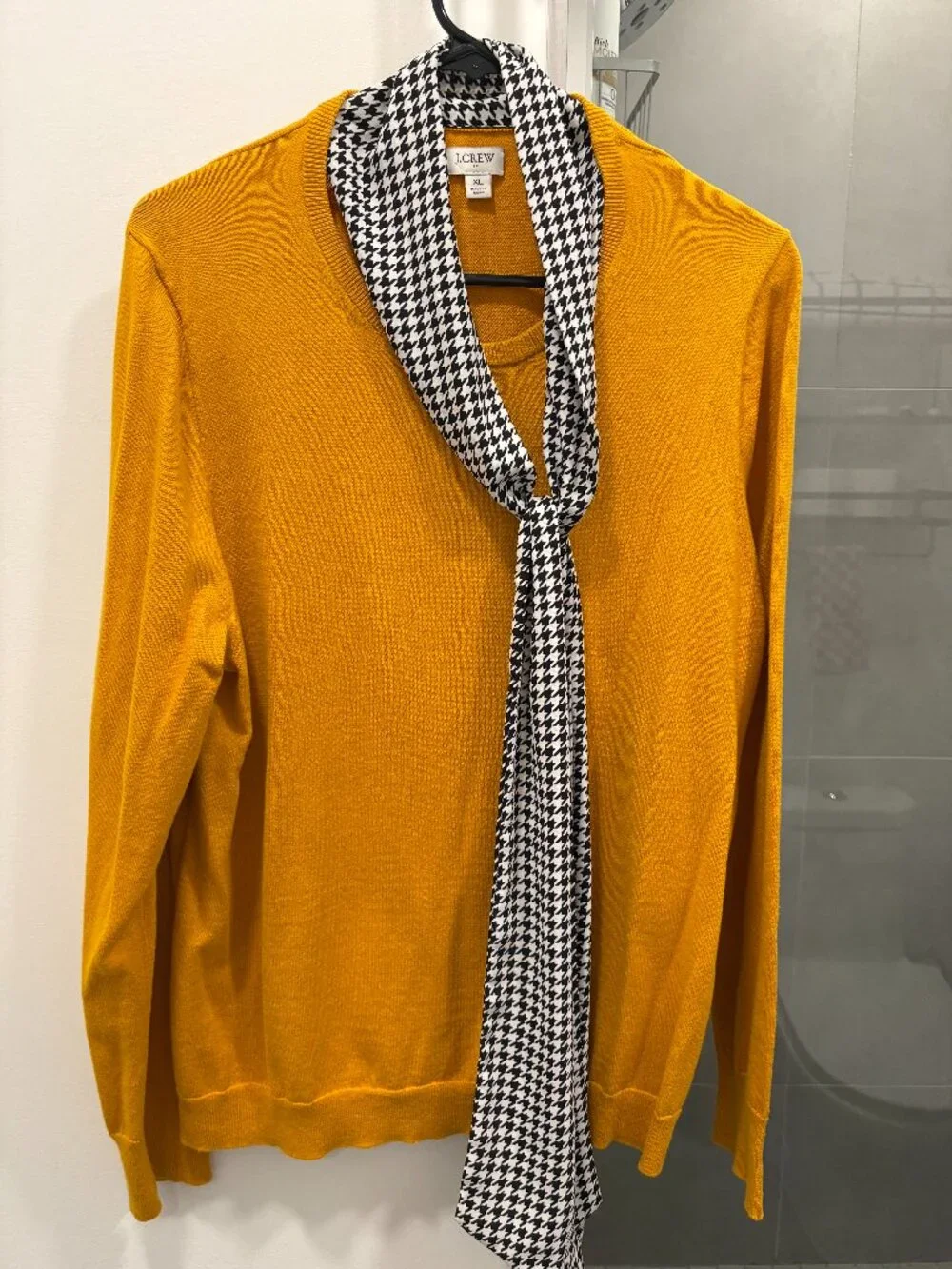 J. Crew Cotton Mustard Yellow Sweater Attached Houndstooth Scarf - Like New